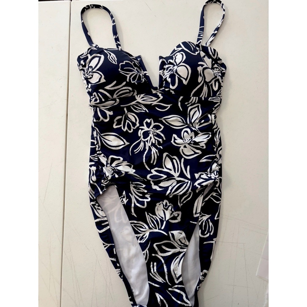 Polo Ralph Lauren Navy W White Floral Print Swimsuit Sz 10 NEW W Tags